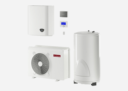 Un calentador de agua blanco y aire acondicionado sobre un fondo blanco.