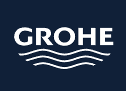 Logotipo de Grohe sobre fondo azul oscuro.