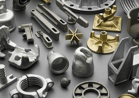 Una variedad de piezas de fundición de metal sobre una superficie gris.